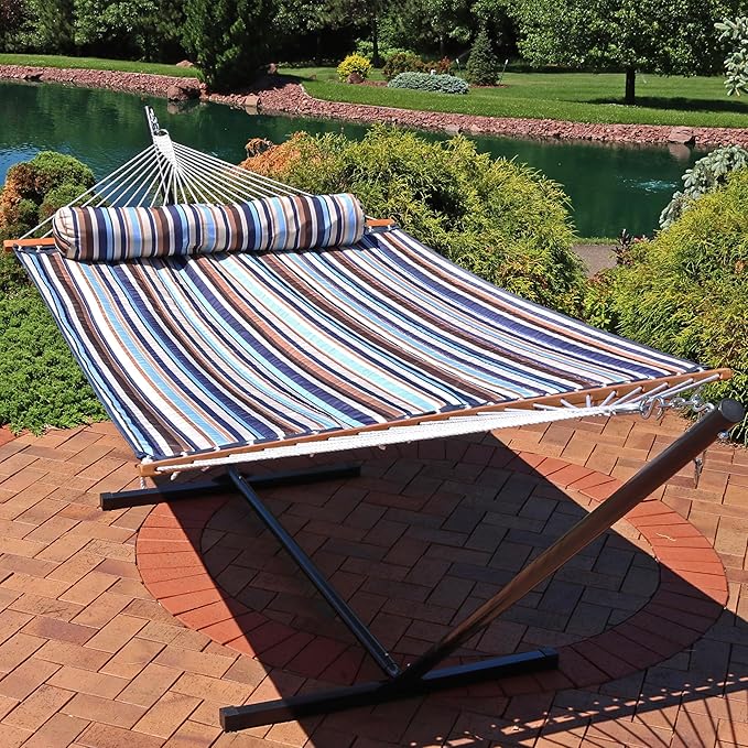 Sunnydaze Quilted Outdoor Hammock with Spreader Bars - Heavy-Duty 450-Pound Capacity Double Hammock for Outside - Ocean Isle