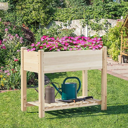 Yaheetech 34x18x30in Raised Garden Bed, Planter Box with Legs & Storage Shelf, Wooden Elevated Vegetable Growing Bed for Backyard, Patio, Balcony