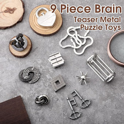 Wettarn 9 Pcs Metal Brain Teaser Puzzles 3D Steel Puzzle Set for Adults IQ Logic Challenge Disentanglement Unlock Interlocking Games Smart Logic Test Toys for Adults Mind Challenge(Engaging Style)