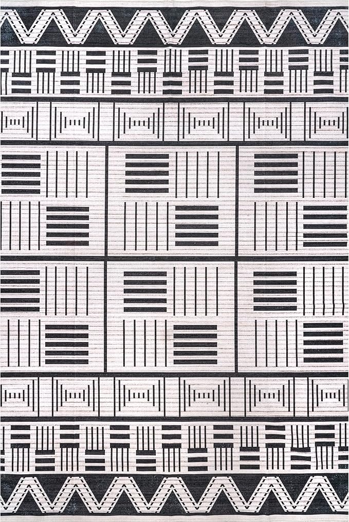 nuLOOM Evia Tribal Stripes Machine Washable Ultra Thin Area Rug, 5' x 8', Charcoal
