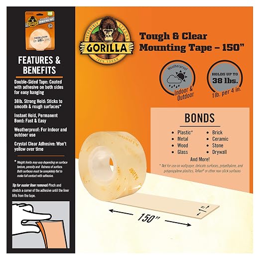Gorilla Tough & Clear Double Sided Mounting Tape, Clear Tape, 1" x 150" - Weatherproof for Indoor or Outdoor | (Pack of 12)