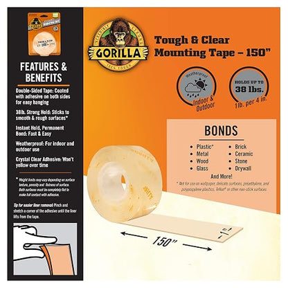 Gorilla Tough & Clear Double Sided Mounting Tape, Clear Tape, 1" x 150" - Weatherproof for Indoor or Outdoor | (Pack of 12)