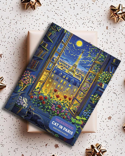 Cat in Paris. TUMBAUMBA, Puzzles for Adults 1000 Pieces, Detailed Art Puzzle, Mate Finish Jigsaw Puzzles, Poster Included, Challenging Atmospheric France Puzzles, Cozy Evening Paris Scene