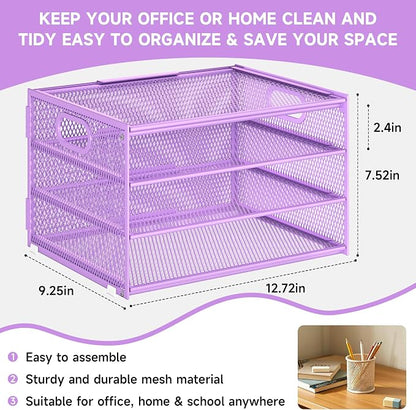 Subekyu Paper Letter Tray Organizer for Desk, Purple Metal Mesh Desk File Sorter Organizer with Handle and 2 Sliding Trays for Home Office School Supplies Organization