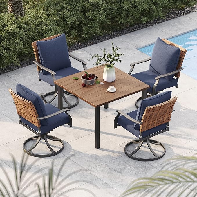 Grand patio 5-Piece Outdoor Dining Set, 4 Leather-Look Wicker Swivel Blue Patio Chairs & 1 Square Woodgrain Dining Table, Brown