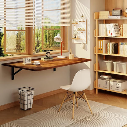 IAE 36x22in Floating Fold Desk,Wall-Mounted Folding Computer Table,Walnut | Study Table with Shelf Brackets,Foldable Down Shelf with Engineered Wood,Fold Computer Desk for Small Apartment,Holds 503 lb