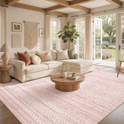 Nakagishi Area Rug Living Room Rugs: 6x9 Large Soft Machine Washable Boho Moroccan FarmNeutral Stain Resistant Indoor Floor Carpet for Bedroom Under Dining Table Home Office Decor-Pink