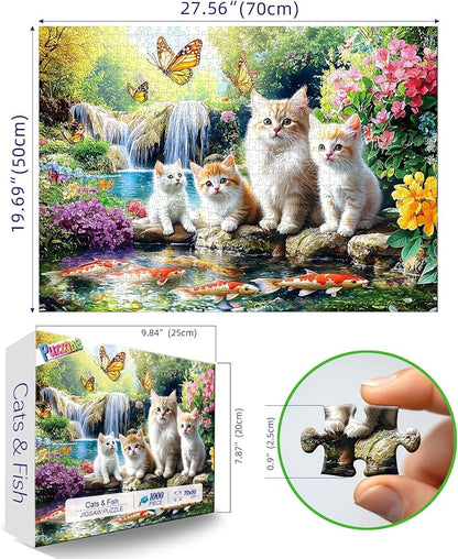 Puzzles for Adults 1000 Pieces, Fun Cats & Koi Fish - Waterfall Scene with Butterflies, Animal Pet Lover Jigsaw Puzzle 1000 Pieces Challenging Perfect for Game Nights (27.5"x19.7")