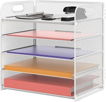 Supeasy 5 Trays Paper Organizer Letter Tray with Handle-Mesh Desk File Holders, Paper Sorter Desk Organizer for Office, Home, Classroom or School, White