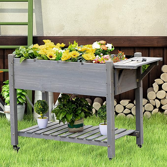 Outsunny Raised Garden Bed with 8 Grow Grids, Wooden Outdoor Plant Box Stand with Folding Side Table and Wheels, 49" x 21" x 34", for Vegetables, Flowers, Herbs, Gray