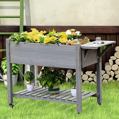 Outsunny Raised Garden Bed with 8 Grow Grids, Wooden Outdoor Plant Box Stand with Folding Side Table and Wheels, 49" x 21" x 34", for Vegetables, Flowers, Herbs, Gray