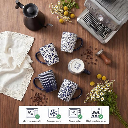 glowworm Ceramic Coffee Mugs, 16 Ounce Coffee Cups with Handle, Blue&White | Prefect for Cappuccino, Milk , Hot Cocoa, Tea, Vintage Coffee Mug for Kitchen, Dishwasher & Microwave Safe, Set of 6