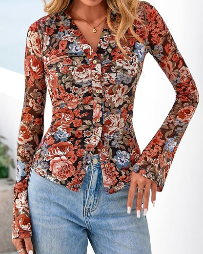 BTFBM Button Down Shirts for Women 2026 Fall Boho Tops V Neck Long Sleeve Blouses Ruched Mesh Fitted Fashion Clothing