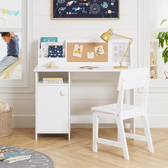 UTEX Wooden Kids Desk and Chair Set with Hutch and Storage for Ages 3-8 | Kids Study Table with Cork Bulletin Board, School Desk, Multi-Zone Storage, Water-based Paint Finish for Kids Room