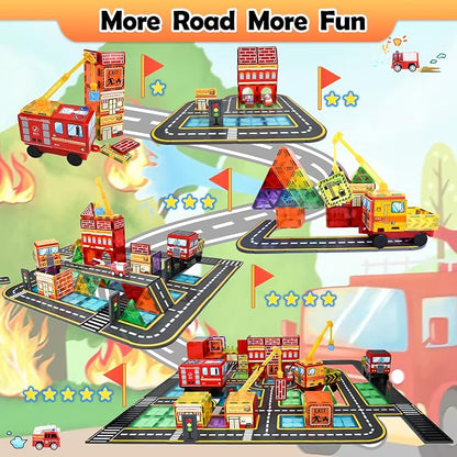 Drofex Magnetic Tiles Road Set with Fire Truck Magnetic Crane, Creative Construction Toys for Kids Ages 3-12, Boys & Girls, Fire Rescue Station and Engineering Themed Magnetic Building Blocks