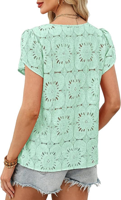 OFEEFAN Blouses for Women Dressy Casual Petal Short Sleeve Shirts Crochet Lace Boho Tops Spring Fashion Summer Outfits
