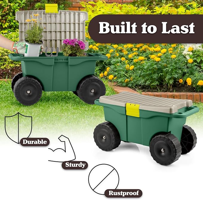 Rolling Garden Cart with Seat - Plastic Storage with Bench and Interior Tool Tray - Gardening Stool for Weeding and Planting By Pure Garden (Green)