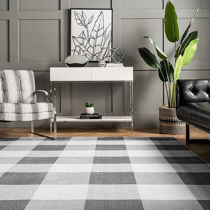 nuLOOM Lucy Machine Washable Farmhouse Buffalo Plaid Ultra Thin Runner Rug, 2' 6" x 10', Grey