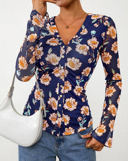 BTFBM Button Down Shirts for Women 2026 Fall Boho Tops V Neck Long Sleeve Blouses Ruched Mesh Fitted Fashion Clothing