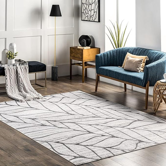 nuLOOM Lanette Abstract Leaves Machine Washable Ultra Thin Area Rug, 4' x 6', Light Grey