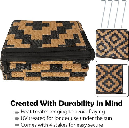 SAND MINE Reversible Mats, Plastic Straw Rug, Modern Area Rug, Large Floor Mat and Rug for Outdoors, RV, Patio, Backyard, Deck, Picnic, Beach, Trailer, Camping, Black & Brown, 6' x 9'