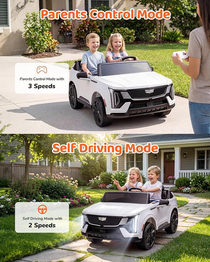 Firstness 2 Seater Ride on Car for Kids 24V Licensed Cadillac Escalade IQ Powered Wheels with Remote Control 400W Electric Ride on Toy with 3 Speed Light Music 7AH Battery Car for Kids Ages 3-8, White