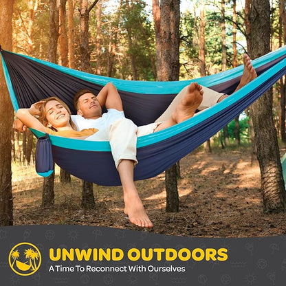 Durable Hammock 500 lb Capacity, Nylon Camping Hammock Chair - Double or Single Sizes w/Tree Straps and Attached Carry Bag - for Travel/Backpacking/Beach/Backyard (Large, Dark Blue & Forest Green)
