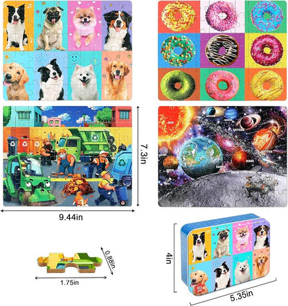 LELEMON Puzzles for Kids Ages 4-6,4-Pack 60 Piece Puzzles for Kids Ages 4-8 in a Metal Box,Donut Dogs Space Garbage Truck Educational Jigsaw Puzzles Puzzle Games Puzzle Toys for Girls and Boys