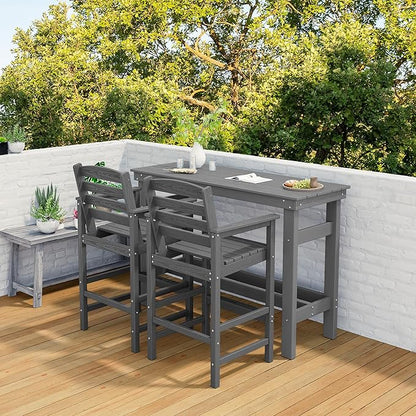 SERWALL Outdoor Bar Set - 2 Adirondack Bar Chairs & Bar Height Table with 1.6" Umbrella Hole, All-Weather HDPE Patio Furniture for Poolside, Backyard, Garden - Grey