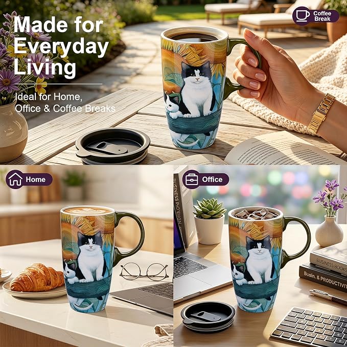 Topadorn 17oz Ceramic Travel Mug with Lid, Sunflower & Cat Coffee Mug | Coffee Mug with Handle, Cat & Sunflower Design, Spill-Resistant Lid, Microwave & Dishwasher Safe, Gift Box Included