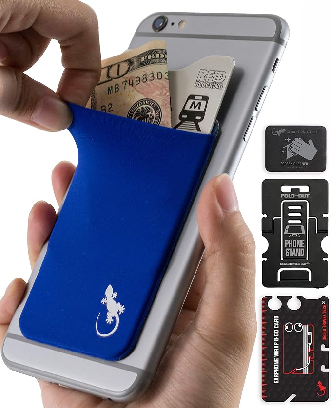 Phone Wallet - Adhesive Card Holder - Cell Phone Pouch - Stick on Lycra Pocket by Gecko - Carry Credit Cards and Cash