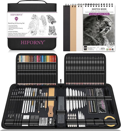 HIFORNY 126 PCS Drawing Kit Sketching Pencil Set,Sketch Pencils Art Supplies with 3-Color Sketchbook,Graphite,Charcoal,Blending Tools,Drawing Pencils for Adults Artists in Zipper Case
