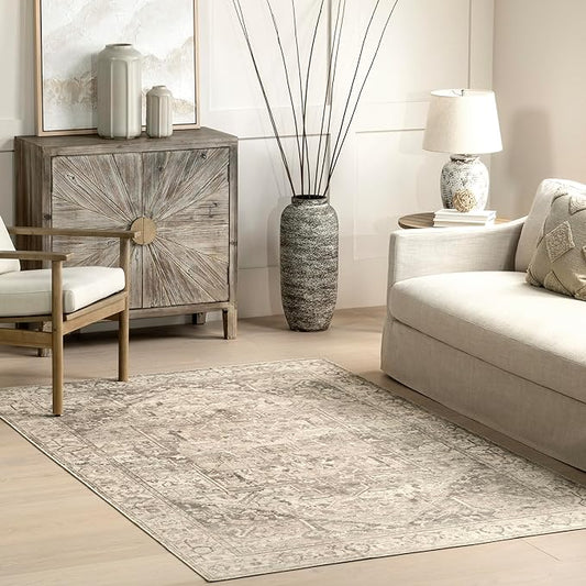 nuLOOM 4x6 Machine Washable Rain Haven Vintage Medallion Area Rug, Grey, Traditional Faded Design, Non-Slip Backing, Stain Resistant, For Bedroom, Dining Room, Living Room, Kitchen