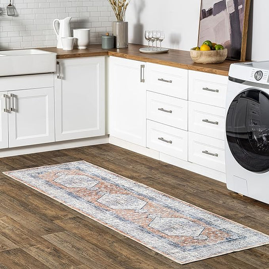 nuLOOM 2x6 Machine Washable Rain Haven Vintage Medallion Area Rug, Peach, Traditional Faded Design, Non-Slip Backing, Stain Resistant, For Bedroom, Dining Room, Living Room, Kitchen