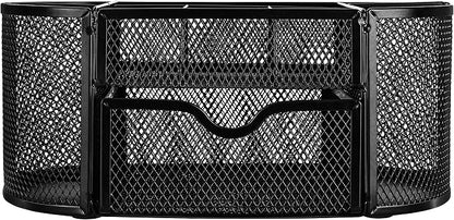 Amazon Basics Mesh Desk Organizer with Pen Holder, Pullout Drawer and Office Caddy Storage, 9.25" x 4.53" x 3.94", Black