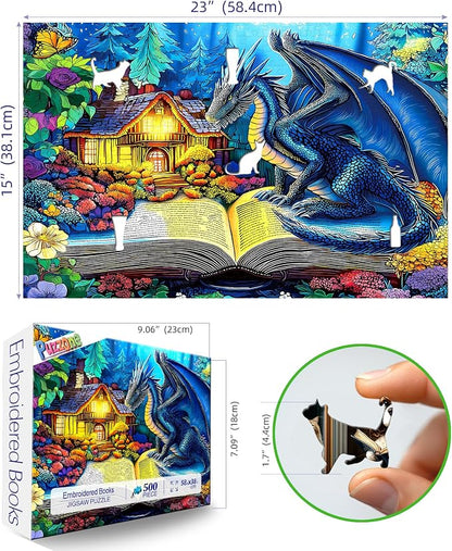 Dragon Jigsaw Puzzle for Adults 500 Piece, Magic Dinosaur Reading Books Puzzles Fantasy Animal Wildflower Challenge for Adults, Family, Decoration, Party Game, Finished Size 23" x 15"
