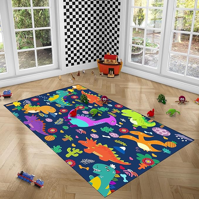 Dinosaur Rugs for Boys Bedroom Dinosaur Play Rug Kids Room Rug Dinosaur Area Rug Cartoon Dinosaur Carpet Cute Dinosaur Mat Dinosaur Rug for Living Room Bedroom Playroom, Blue 4'5''×6'