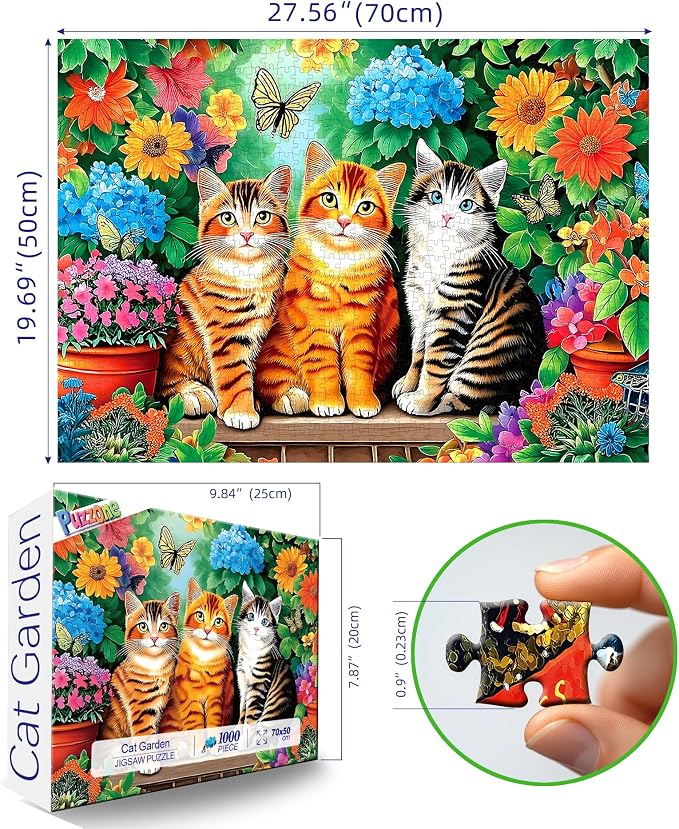 Garden Cats 1000 Piece Jigsaw Puzzle for Adults Colorful Floral Landscape with Butterflies Flowers Cute Fun Kittens Challenging Art Puzzle Home Decor Gift 27.6x19.7
