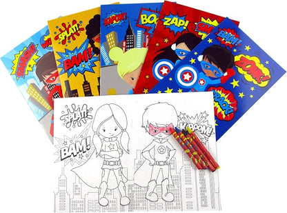 TINYMILLS Superhero Coloring Books for Kids – 12 Coloring Books with 48 Crayons, Superhero Party Favors, Classroom Rewards, Favor Bag Fillers, Superhero Birthday Party Supplies