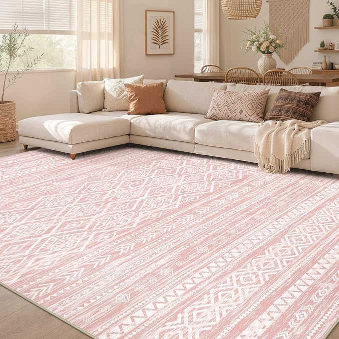 Nakagishi Area Rug Living Room Rugs: 6x9 Large Soft Machine Washable Boho Moroccan FarmNeutral Stain Resistant Indoor Floor Carpet for Bedroom Under Dining Table Home Office Decor-Pink