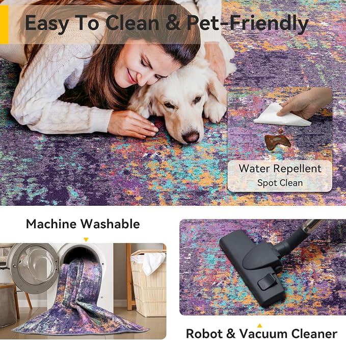 RELEANY Washable Area Rugs 5'x7' Non-Slip Modern Abstract Soft for Living Room Entryway Bedroom Kitchen, Print Pattern, Purple Orange Blue Green Rust Red Colorful