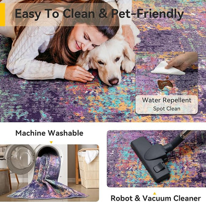 RELEANY Washable Area Rugs 5'x7' Non-Slip Modern Abstract Soft for Living Room Entryway Bedroom Kitchen, Print Pattern, Purple Orange Blue Green Rust Red Colorful
