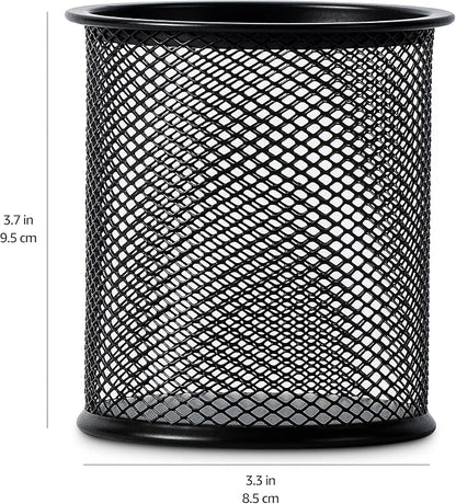 Amazon Basics Wire Mesh Pen Holder, Pencil Cup Desk Organizer for Stationery, Scissors, Office Caddy Storage, 3.7" x 3.3", Black
