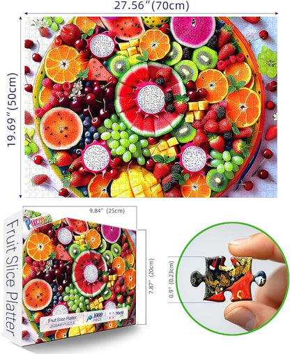 1000 Piece Jigsaw Puzzle for Adults Colorful Tropical Fruit Slices Vibrant Fun Watermelon, Oranges, Dragon Fruit & Grapes Challenging Puzzle Games for Family Night or Relaxation (27"x19")