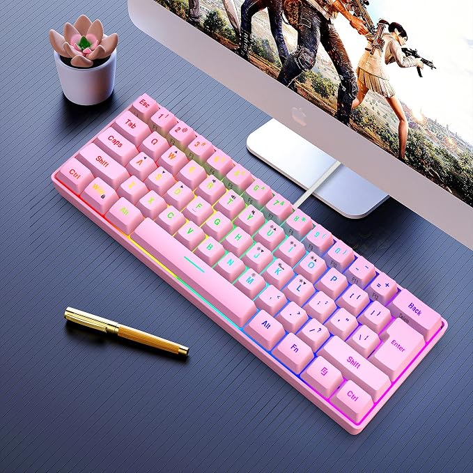Snpurdiri 60% Wired Gaming Keyboard, 61 Keys RGB Backlit Ultra-Compact Mini Gaming Keyboard for PC/Mac Gamer, Typist, Travel, Easy to Carry on Business Trip(Pink) | Backlit Ultra-Compact Mini Gaming Keyboard for PC/Mac Gamer, Typist, Travel, Easy to Ca...