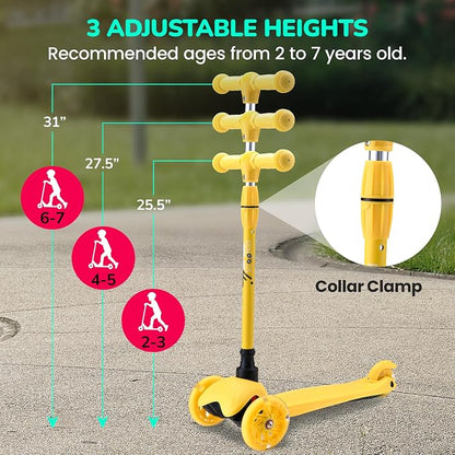Hurtle Mini Kickboard 3 Wheel Scooter for Kids Ages 2-5 - Lean-to-Steer Toddler Scooter with Light-up LED Wheels, Adjustable Height & Rear Foot Brake for Boys. & Girls, Anti-Slip, Indoor/Outdoor