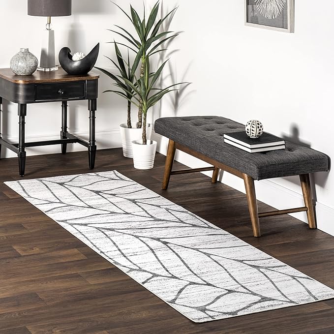nuLOOM Lanette Abstract Leaves Machine Washable Ultra Thin Runner Rug, 2' 6" x 8', Light Grey