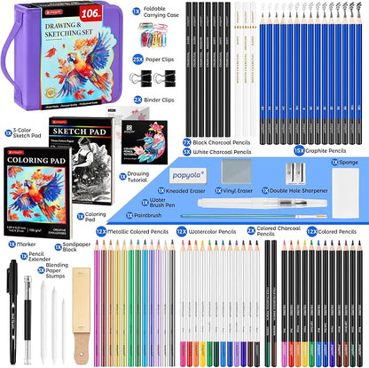 106 Pack Art Supplies Sketching Kit with 3-Color Sketchbook, Coloring Book, Tutorial, Graphite Colored Charcoal Watercolor & Metallic Pencils, Drawing Supplies Gift Case for Artists Beginners Adults