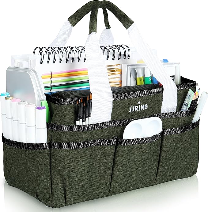 JJRING Craft Organizer Tote Bag, Art Storage Caddy with Multiple Pockets, Sap Green Sewing Bag for Art, Craft, Scrapbooking, Medical, and Office Supplies Storage