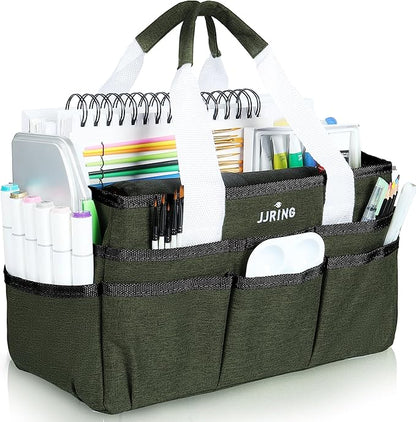 JJRING Craft Organizer Tote Bag, Art Storage Caddy with Multiple Pockets, Sap Green Sewing Bag for Art, Craft, Scrapbooking, Medical, and Office Supplies Storage